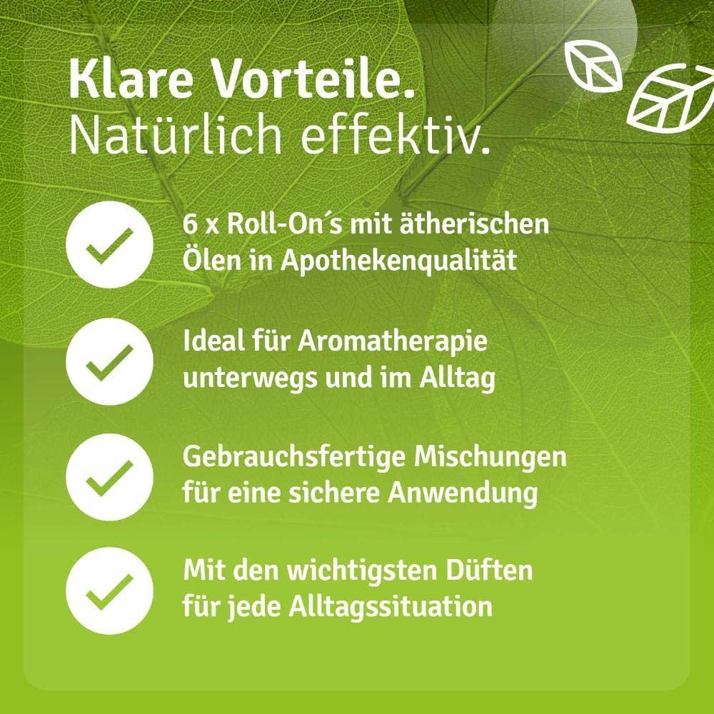 Text mit grünen Blättern. Text: "6 x Roll-On's mit ätherischen Ölen in Apothekenqualität".