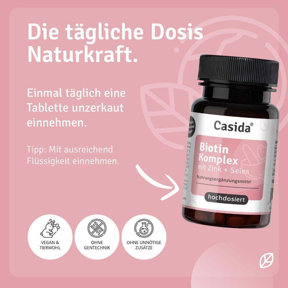 Eine Flasche Casida Biotin Komplex. Braune Flasche mit schwarzem Deckel und rosa Etikett. Einnahme: 1 Tablette täglich unzerkaut.