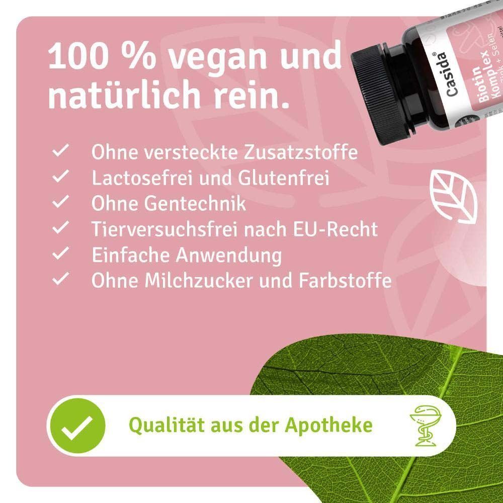 Eine Flasche Casida Biotin Komplex. Braune Flasche mit schwarzem Deckel und rosa Etikett. 100% vegan, ohne versteckte Zusatzstoffe, laktosefrei.