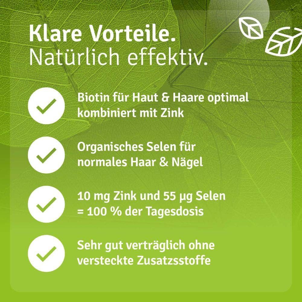 Eine Flasche Casida Biotin Komplex. Braune Flasche mit schwarzem Deckel und rosa Etikett. Biotin, Zink und Selen für Haut, Haare und Nägel.