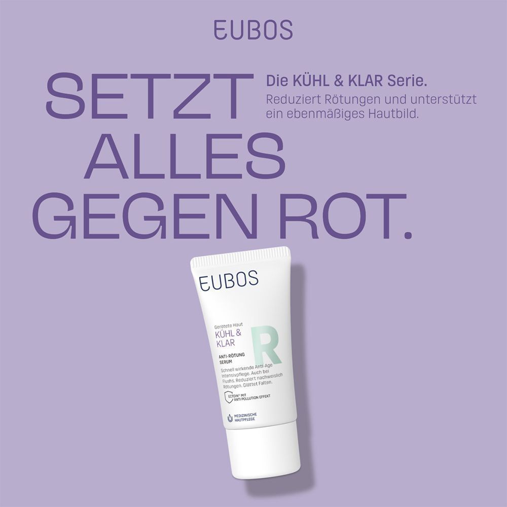 EUBOS KÜHL & KLAR Anti-Rötung Serum. Tube auf lila Hintergrund. Text: Setzt alles gegen Rot. Reduziert Rötungen.