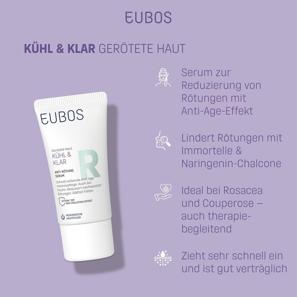 EUBOS KÜHL & KLAR Anti-Rötung Serum. Tube mit Text und Icons. Reduziert Rötungen, Anti-Age-Effekt. Ideal bei Rosacea.