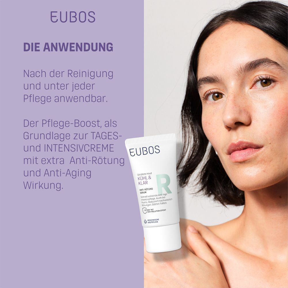 Frau trägt Serum auf. Text: Die Anwendung. Nach der Reinigung anwendbar. Pflege-Boost mit Anti-Rötung und Anti-Aging.