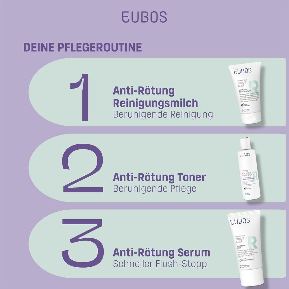 Pflegeroutine: 1. Anti-Rötung Reinigungsmilch. 2. Anti-Rötung Toner. 3. Anti-Rötung Serum. Auf lila Hintergrund.