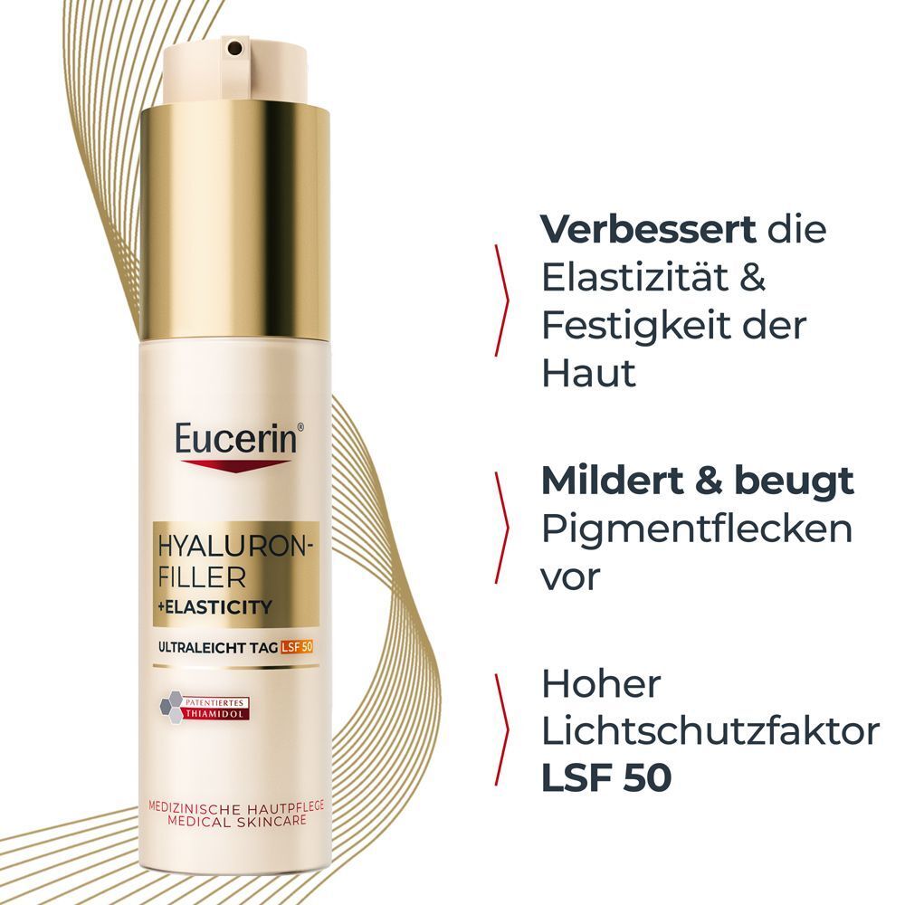 Eucerin Hyaluron-Filler + Elasticity Ultraleicht Tag LSF 50 Tagescreme Spender mit Vorteilen.