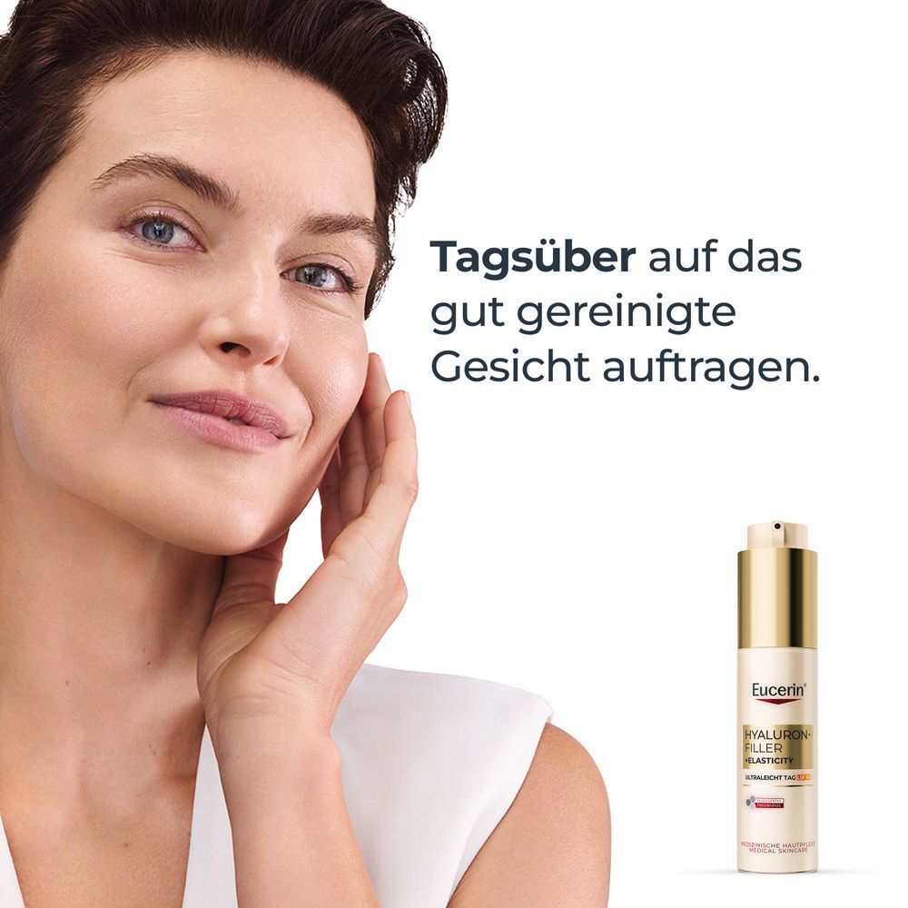 Anwendungshinweis: Eucerin Hyaluron-Filler + Elasticity Tag auf gereinigtes Gesicht auftragen.