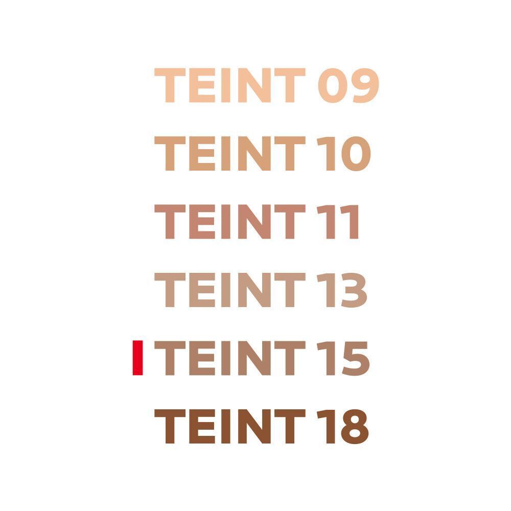 Farbton-Auswahl. Text: Teint 09, 10, 11, 13, 15, 18.