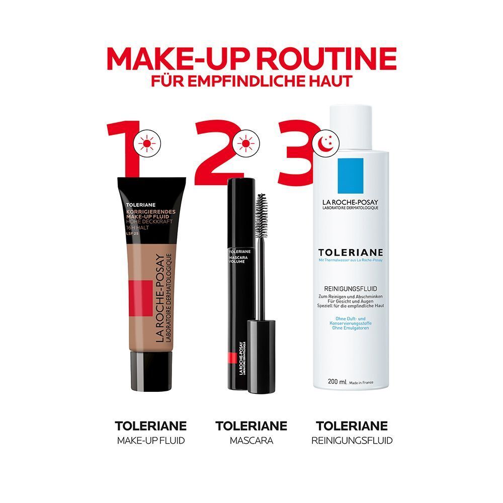 Make-up-Routine für empfindliche Haut. Produkte: Make-up Fluid, Mascara, Reinigungsfluid.