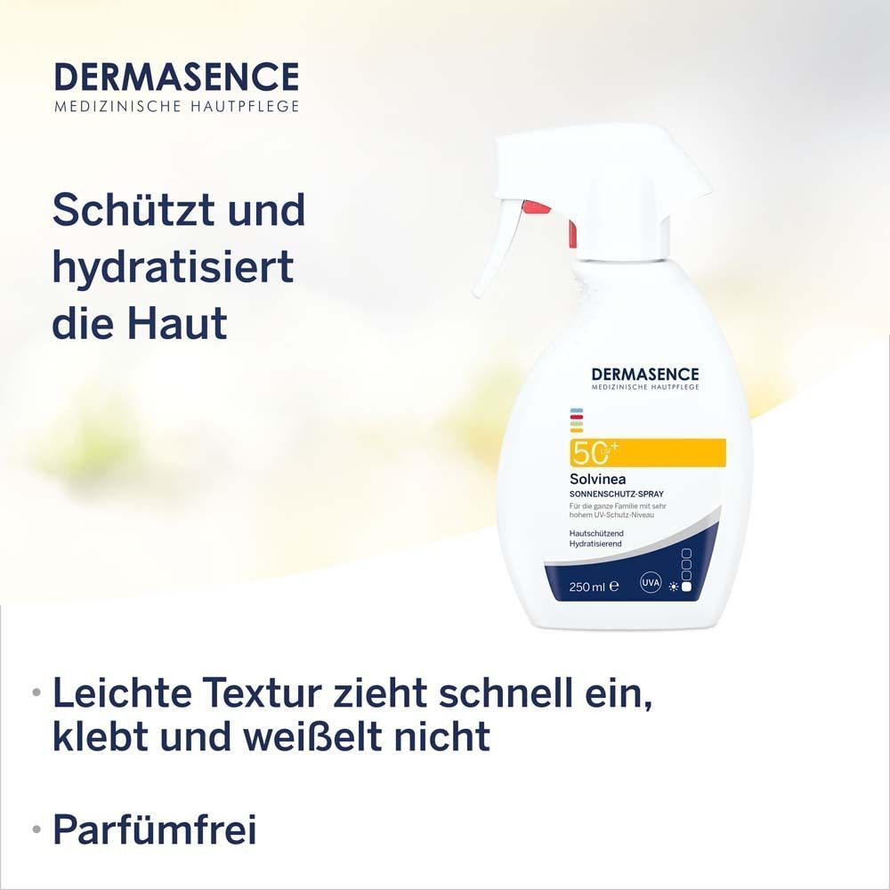 Solvinea Sonnenschutz-Spray LSF 50+. Weiße Flasche mit Sprühkopf, gelbem Etikett und blauer Schrift. Text: Schützt und hydratisiert die Haut.