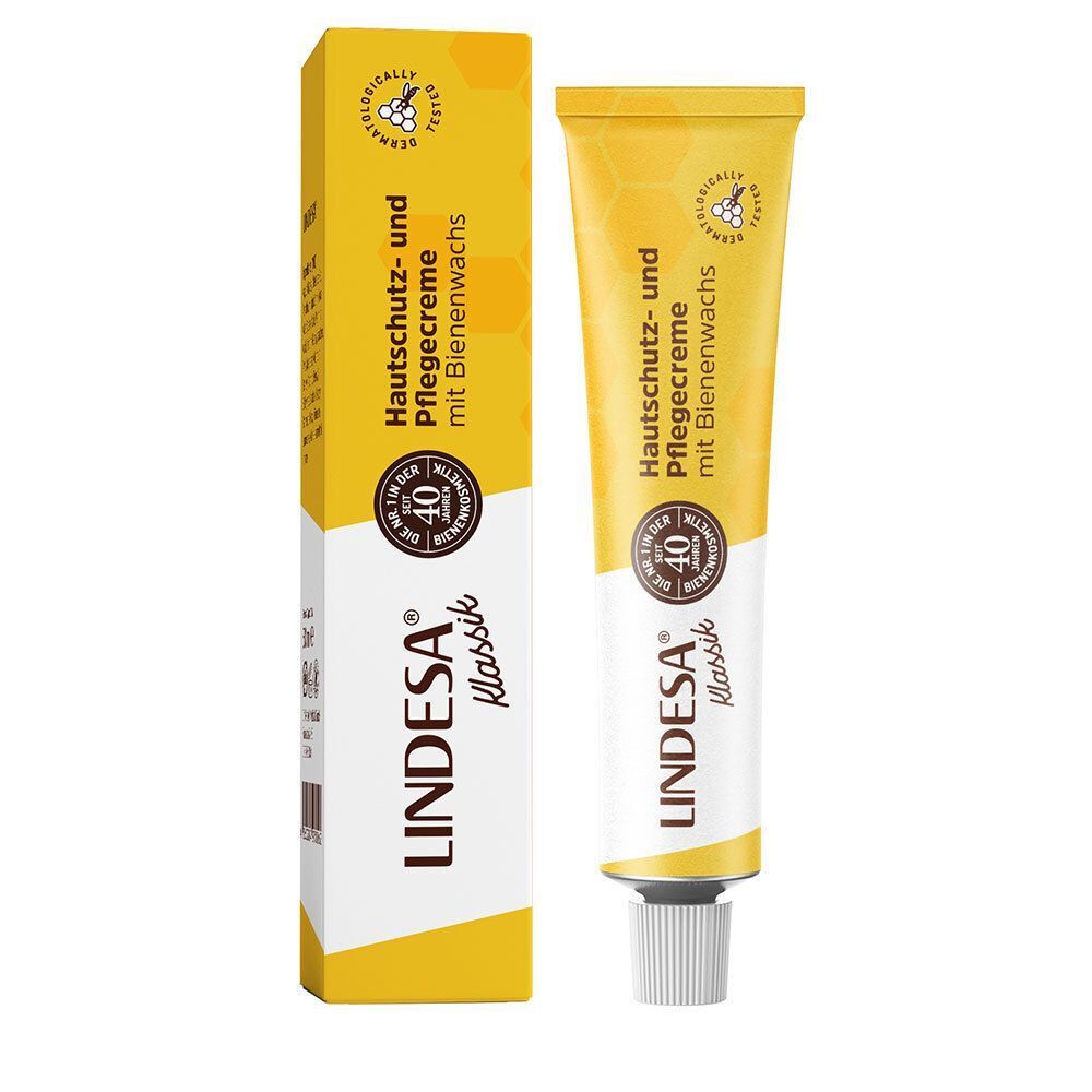 Verpackung und Tube LINDESA Klassik Hautschutz- und Pflegecreme. Gelbe Verpackung und Tube mit weißem Verschluss. Aufschrift: LINDESA Klassik.
