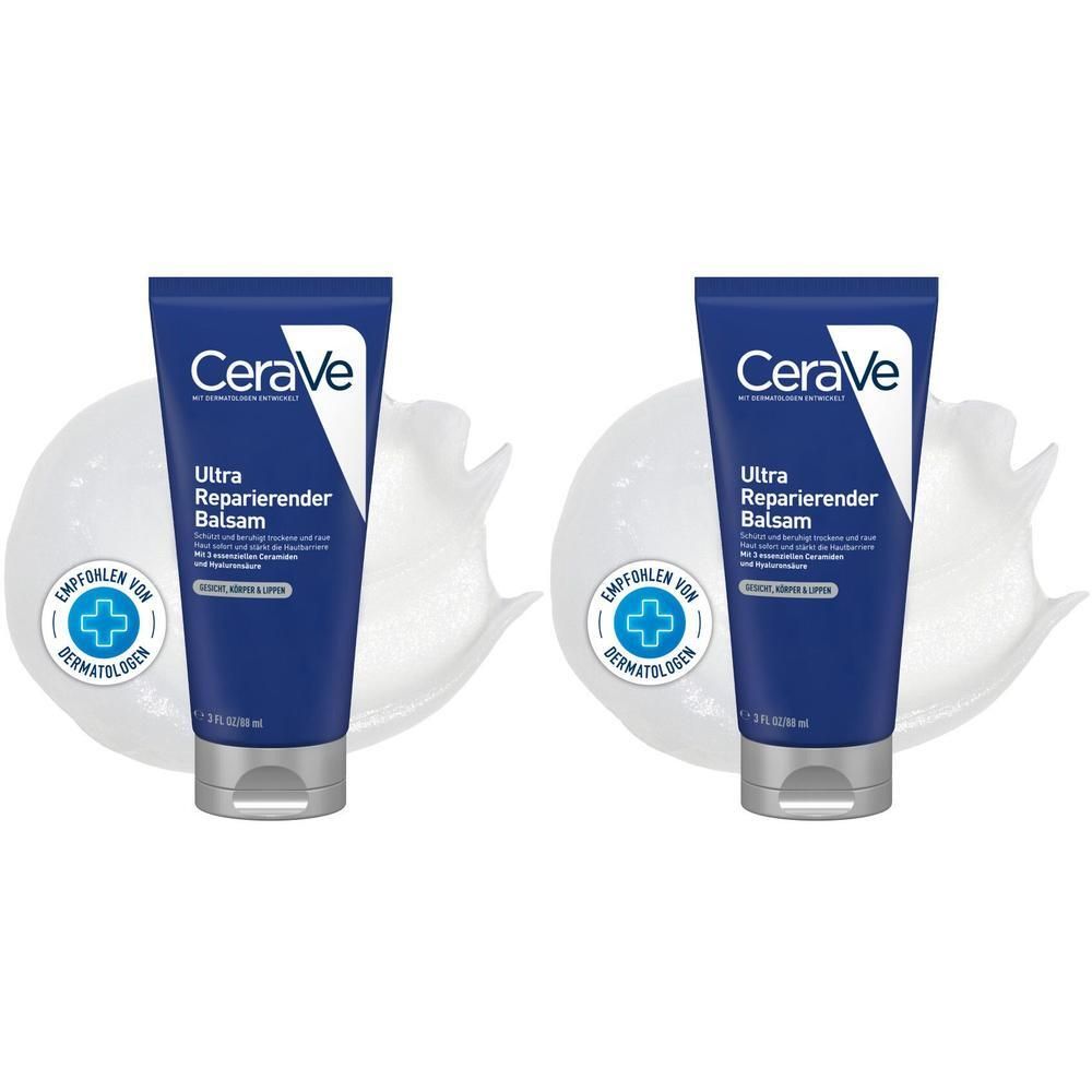 Zwei blaue Tuben CeraVe Ultra Reparierender Balsam. Mit weißem Hintergrund und dermatologischem Siegel.