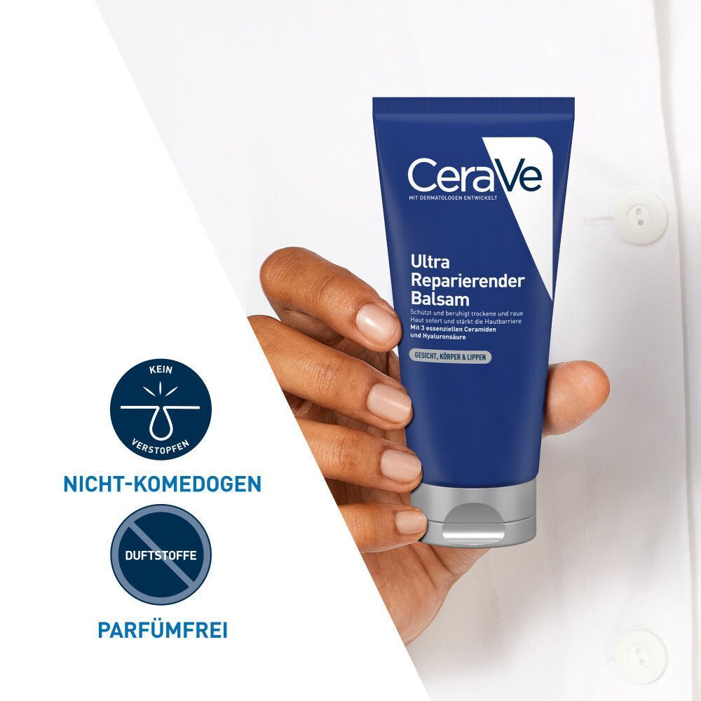 Blaue Tube CeraVe Ultra Reparierender Balsam, gehalten von einer Hand. Nicht-komedogen und parfümfrei.