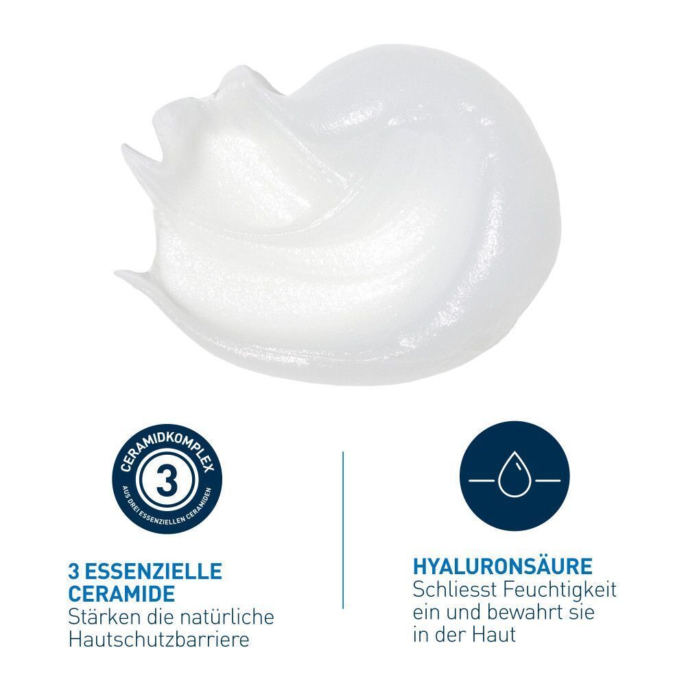 Weißes Produkt mit Texturen. 3 essentielle Ceramide und Hyaluronsäure.