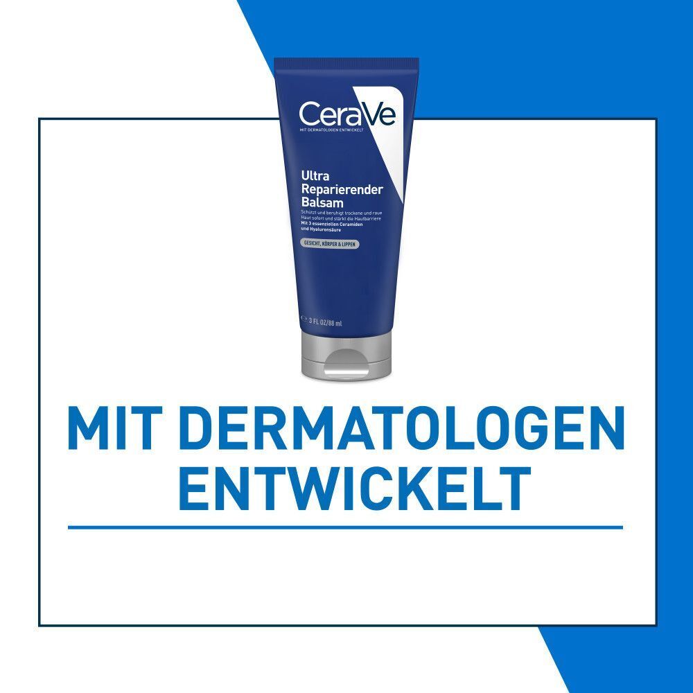 Blaue Tube CeraVe Ultra Reparierender Balsam. Mit Dermatologen entwickelt.