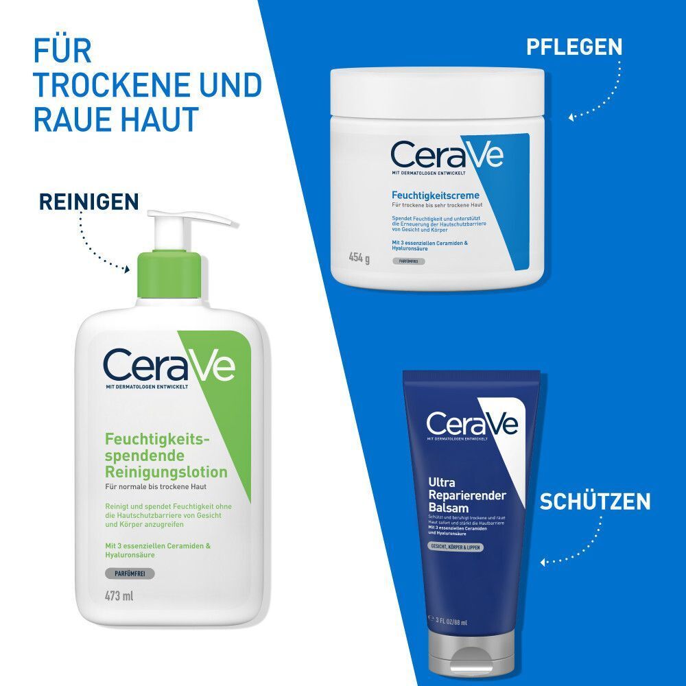 CeraVe Produkte: Reinigungs-Lotion, Feuchtigkeitscreme und Ultra Reparierender Balsam.
