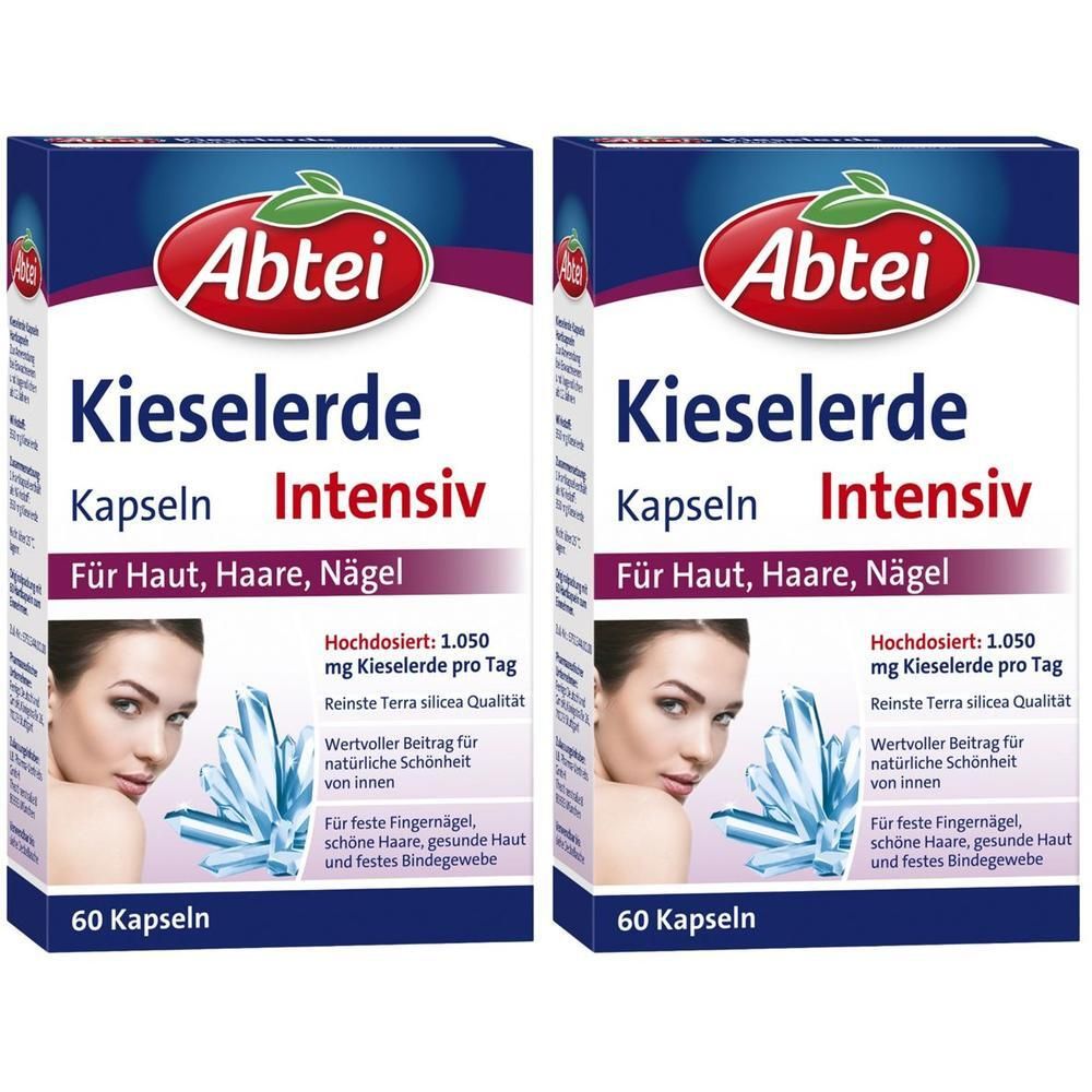 Zwei Packungen Abtei Kieselerde Intensiv Kapseln, 60 Kapseln pro Packung.