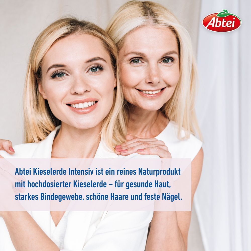 Zwei Frauen lächeln, eine jüngere und eine ältere, mit Text über Abtei Kieselerde Intensiv.
