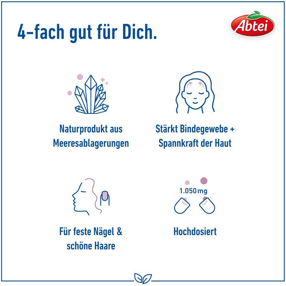Vier Icons: Kristalle, Gesicht, Nägel/Haare, Kapseln mit 1.050 mg. Abtei Kieselerde.