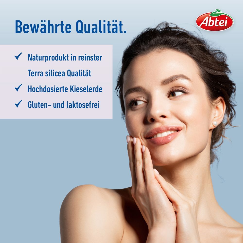 Frau mit Händen am Kinn, Text über bewährte Qualität, Naturprodukt, hochdosiert.