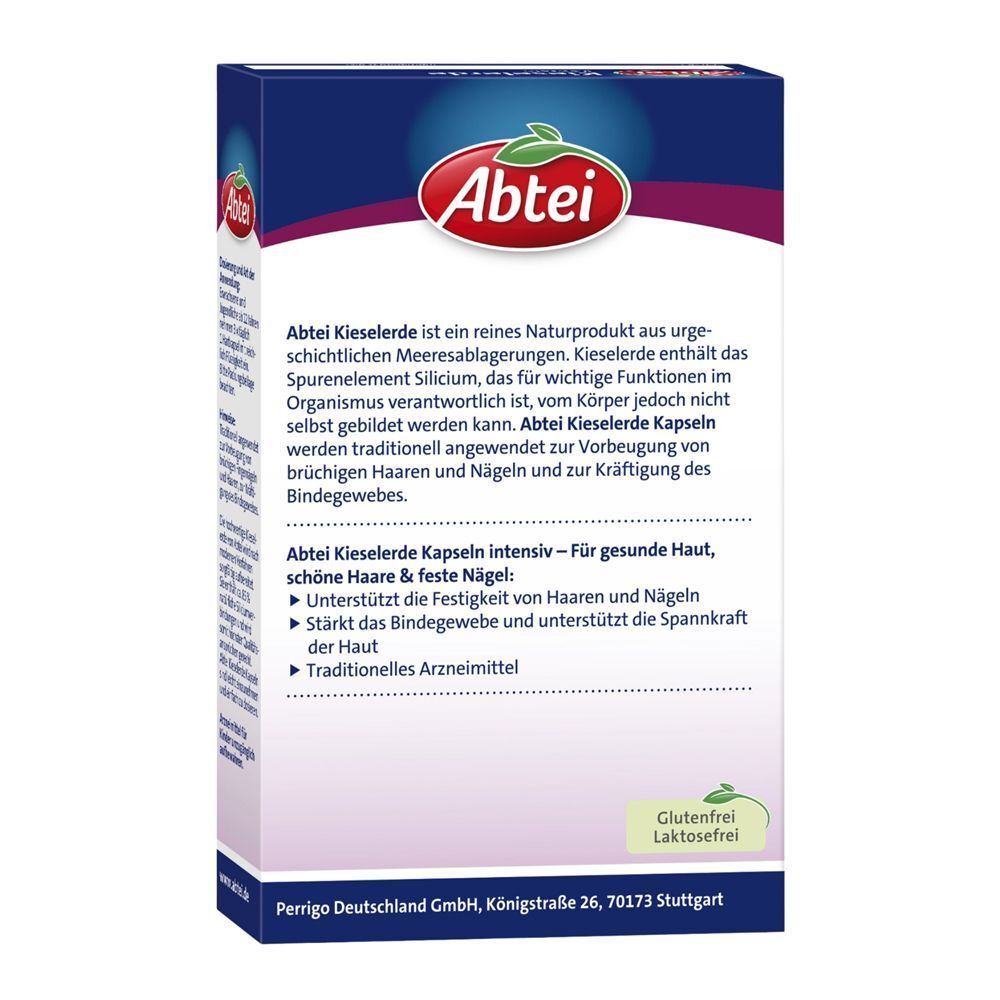 Rückseite einer Packung Abtei Kieselerde Intensiv Kapseln mit Produktinformationen.