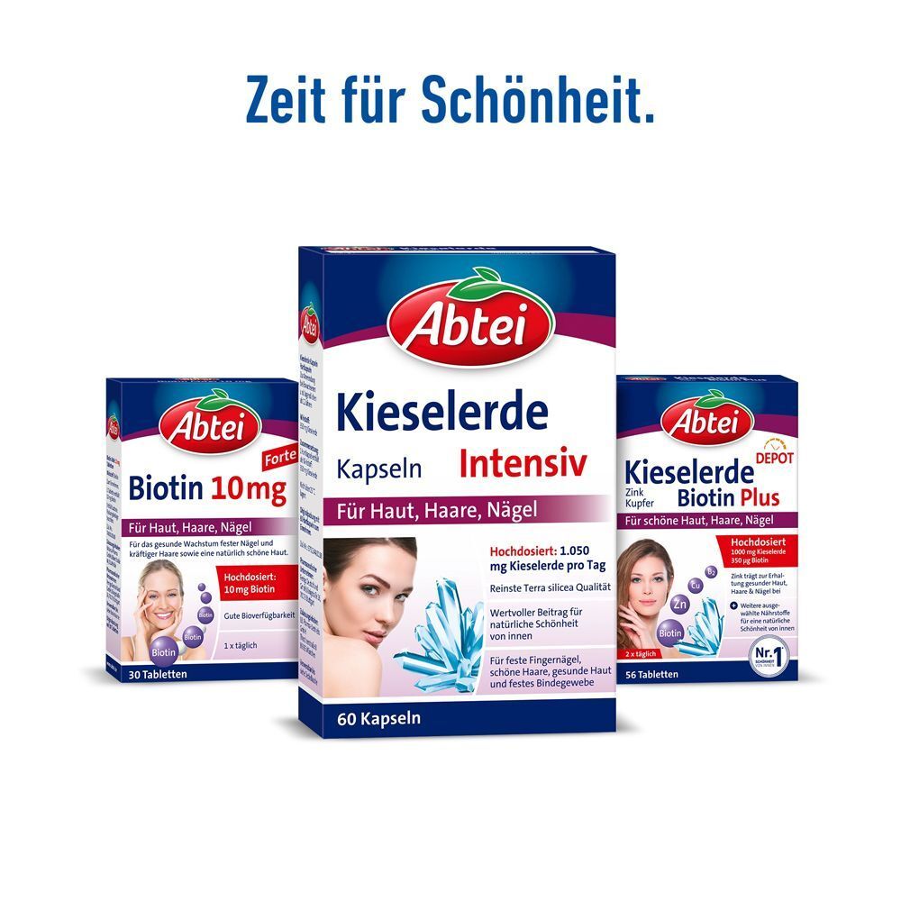 Drei Packungen Abtei Kieselerde, darunter Intensiv Kapseln und Biotin Varianten.
