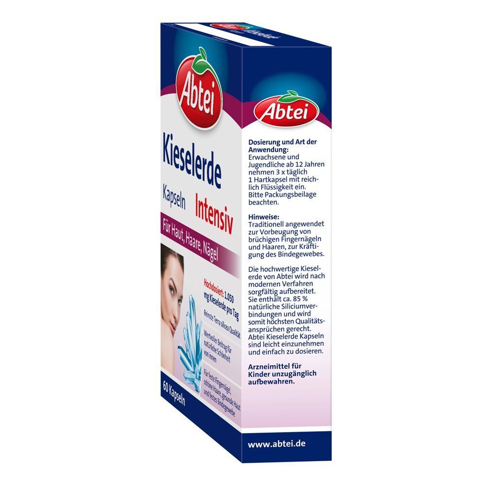 Seitenansicht einer Packung Abtei Kieselerde Intensiv Kapseln mit Anwendungshinweisen.