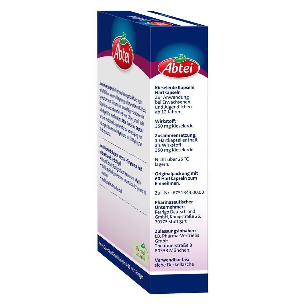 Packung Abtei Kieselerde Kapseln mit Details zu Wirkstoff und Zusammensetzung.