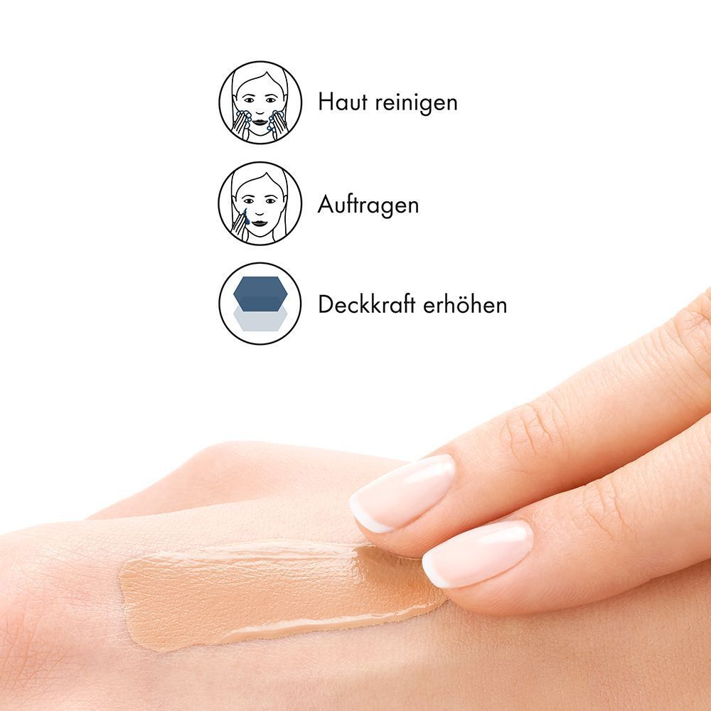 Anwendungsschritte: Reinigen, Auftragen, Deckkraft erhöhen. Make-up auf Hand aufgetragen.