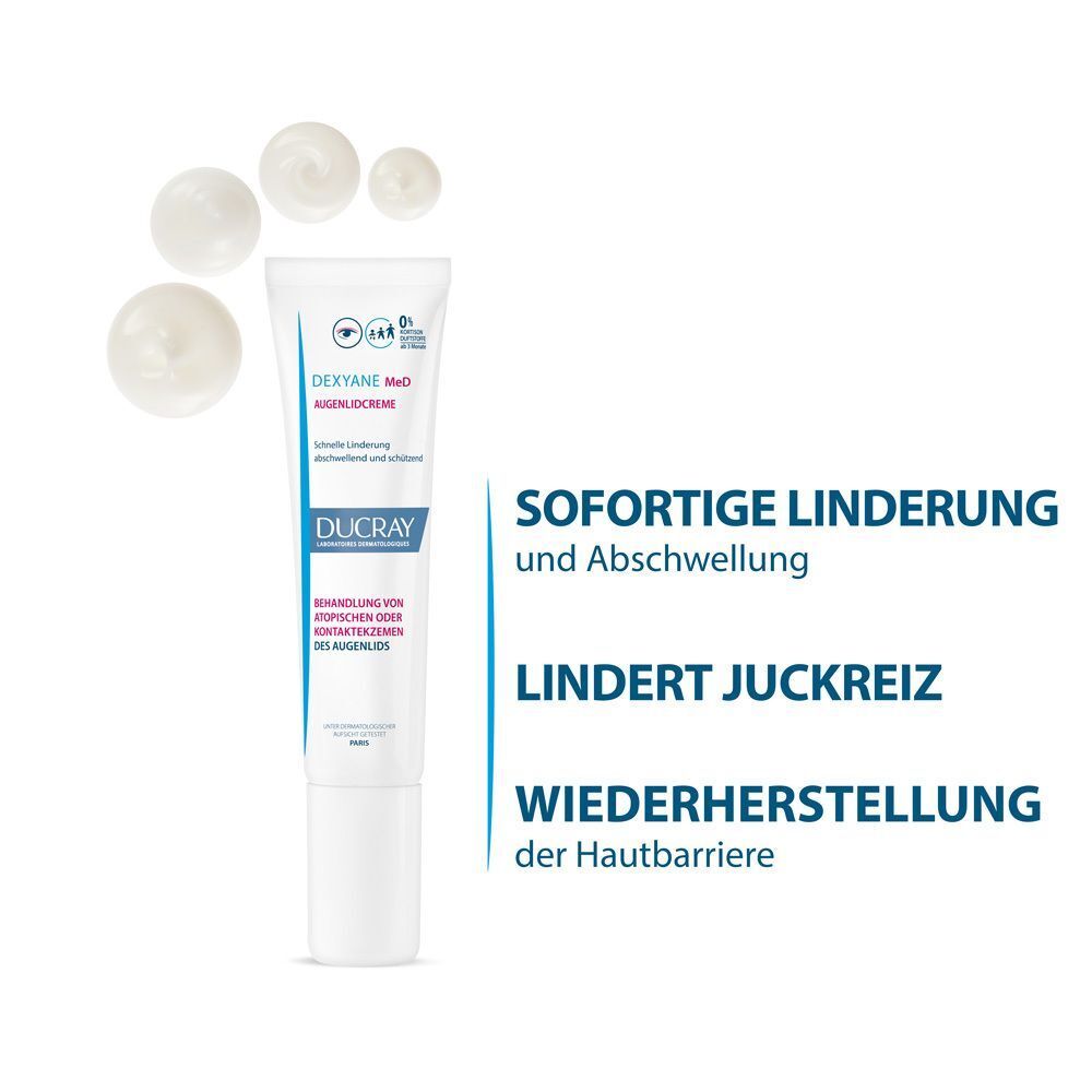Tube DUCRAY DEXYANE MeD Augenlidcreme mit Creme-Tropfen. Text: Sofortige Linderung, lindert Juckreiz, Wiederherstellung der Hautbarriere.