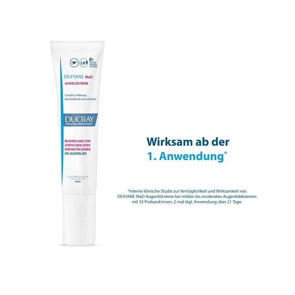 Tube DUCRAY DEXYANE MeD Augenlidcreme. Text: Wirksam ab der 1. Anwendung. Weißer Hintergrund.