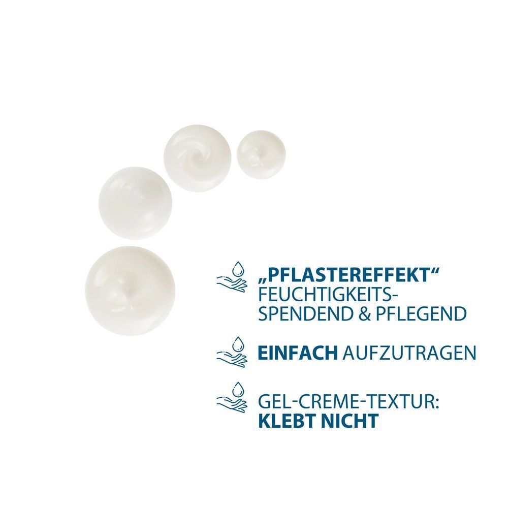 Creme-Tropfen und Text: Pflastereffekt, feuchtigkeitsspendend & pflegend, einfach aufzutragen, Gel-Creme-Textur: klebt nicht.