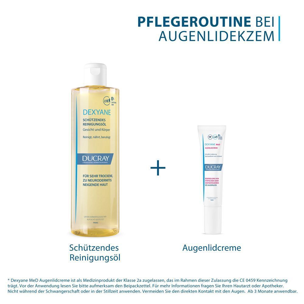 Schützendes Reinigungsöl und Augenlidcreme. Text: Pflegeroutine bei Augenlid-Ekzem. DUCRAY Logo.