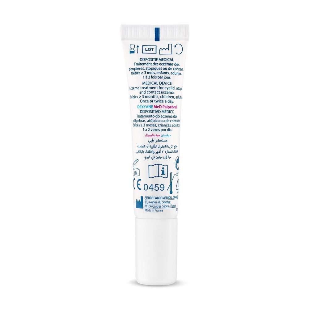 Rückseite der Tube DUCRAY DEXYANE MeD Augenlidcreme. Text und Symbole. Weißer Hintergrund.