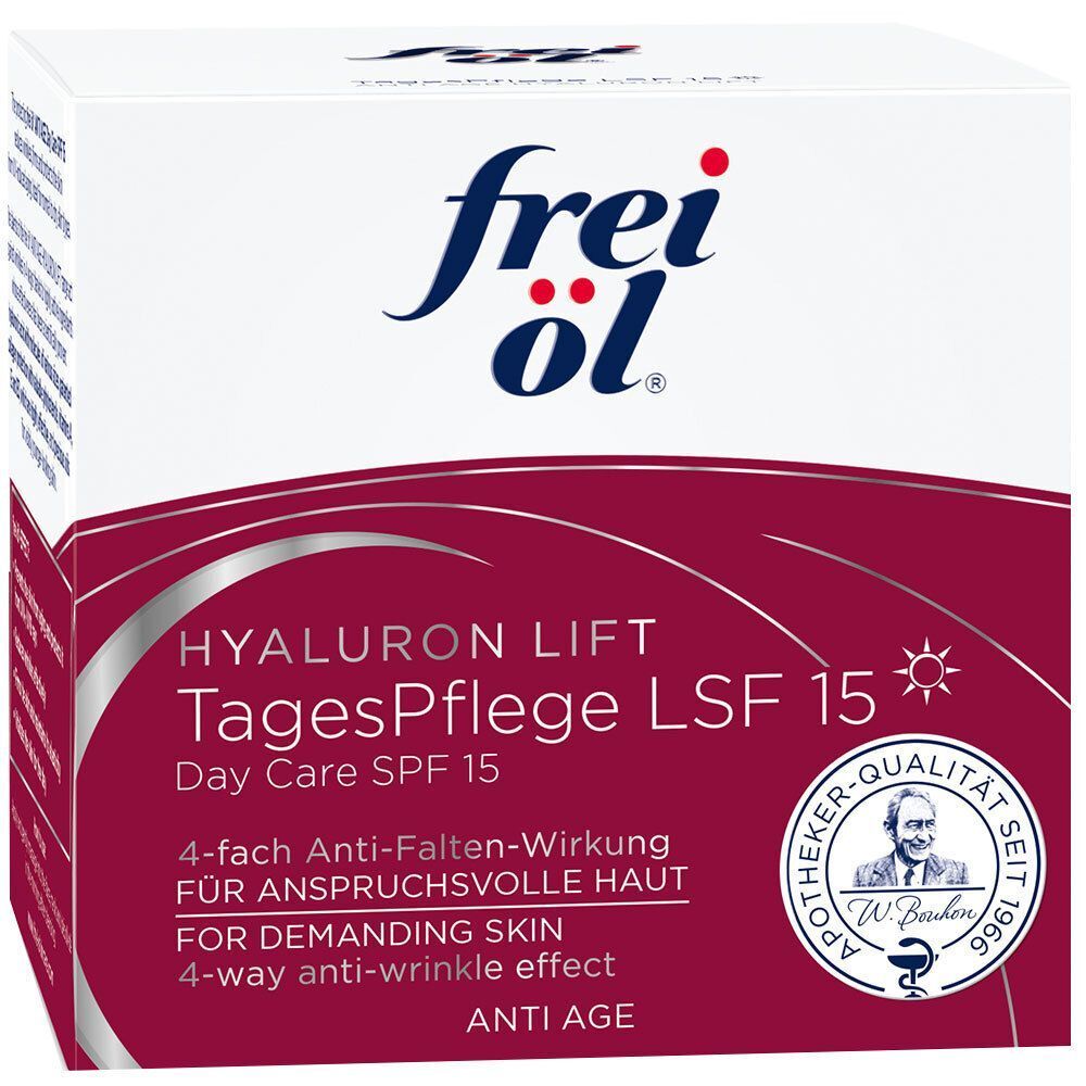 Weißer Karton mit Produktinformationen. Marke frei öl, Produktname, LSF 15 und Qualitätszeichen Apotheker-Qualität.