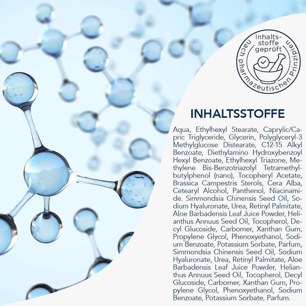 Inhaltsstoffe-Liste. Aqua, Ethylhexyl Stearate, etc. Pharmazeutischen Prinzipien geprüft.