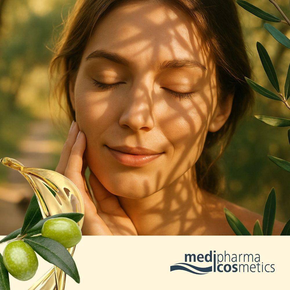 Frau mit geschlossenen Augen, Gesicht von Schatten bedeckt. Olivenzweige und Olivenöl-Tropfen im Bild. Logo: medi-pharma cosmetics.