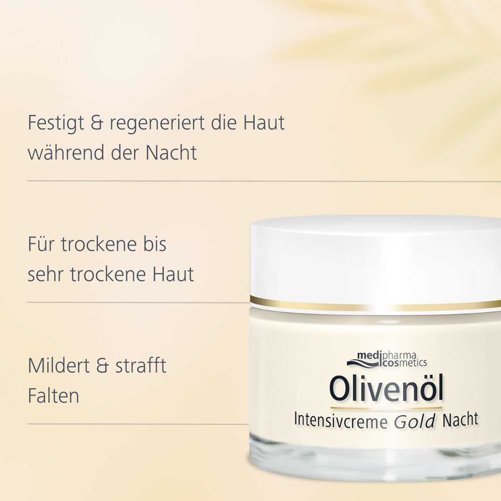 Tiegel OLIVENÖL INTENSIVCREME Gold Nacht. Text: Festigt & regeneriert die Haut während der Nacht. Für trockene bis sehr trockene Haut.