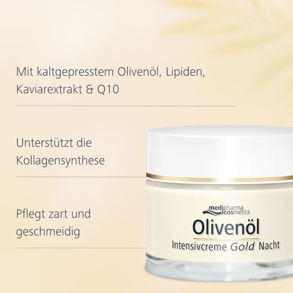 Tiegel OLIVENÖL INTENSIVCREME Gold Nacht. Text: Mit kaltgepresstem Olivenöl, Lipiden, Kaviarextrakt & Q10. Unterstützt die Kollagensynthese.