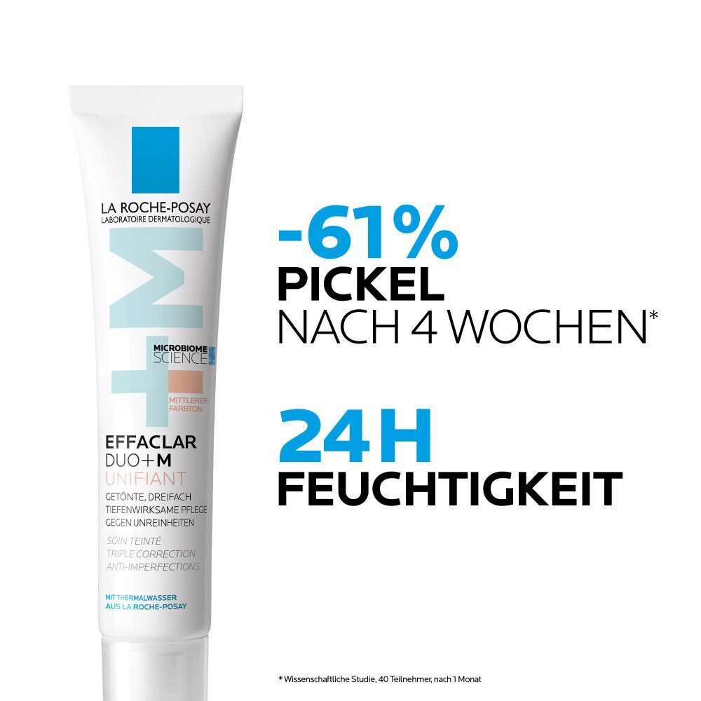 ROCHE-POSAY Effaclar Duo+M Unifiant Creme mittel Tube. Text: -61% Pickel nach 4 Wochen, 24H Feuchtigkeit. Logo und Produktname.