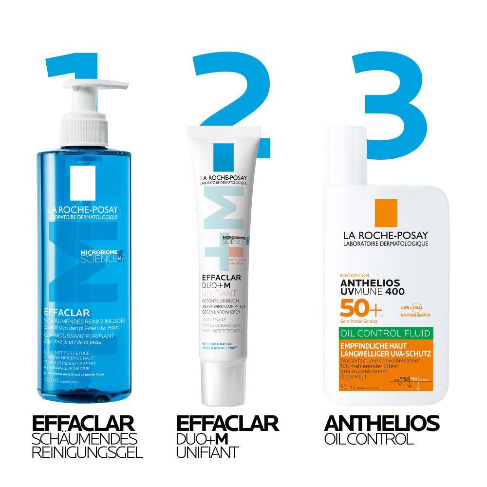 Drei Produkte: Effaclar Reinigungsgel, Effaclar Duo+M Unifiant Creme mittel, Anthelios Oil Control Fluid. Logos und Produktnamen sichtbar.