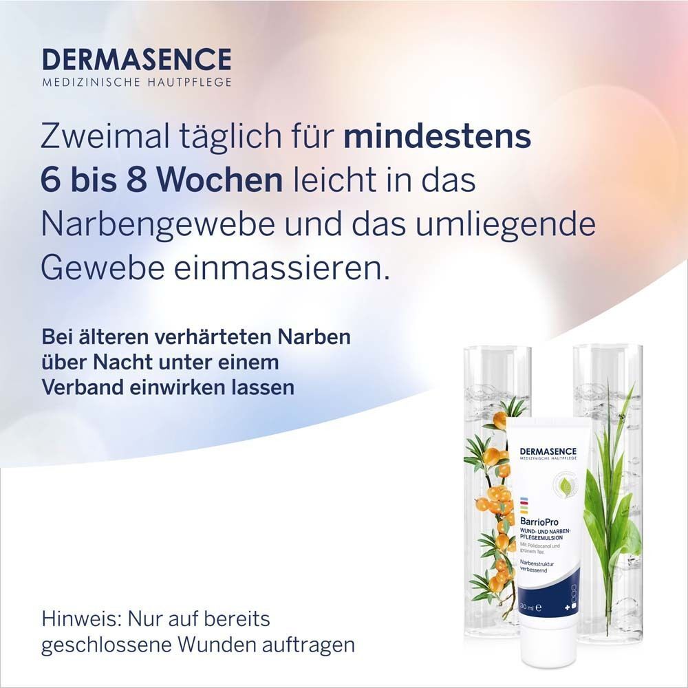 Produkt neben Pflanzen. Text: Anwendungsempfehlung für Narbenpflege.