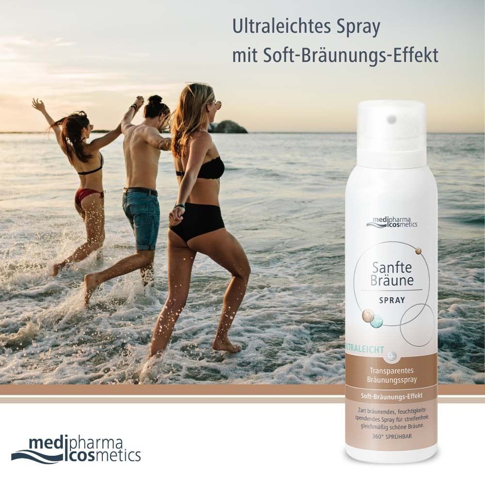 Eine Sprühflasche "Sanfte Bräune Spray" vor dem Hintergrund von Personen am Strand. Produktabbildung.