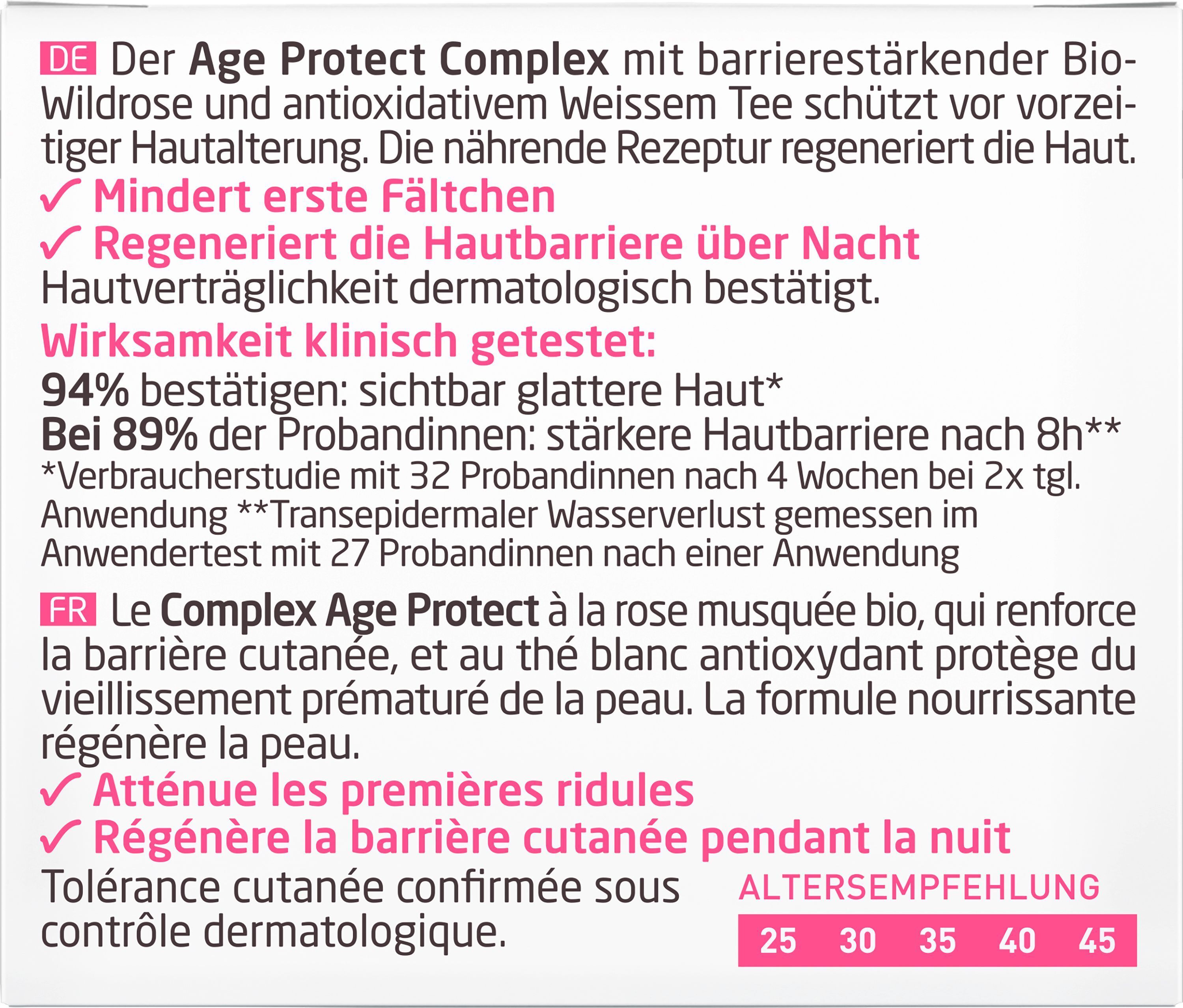 Text mit Informationen über die Nachtpflege. Enthält Aussagen über die Wirkung und Inhaltsstoffe. Text in Deutsch und Französisch.