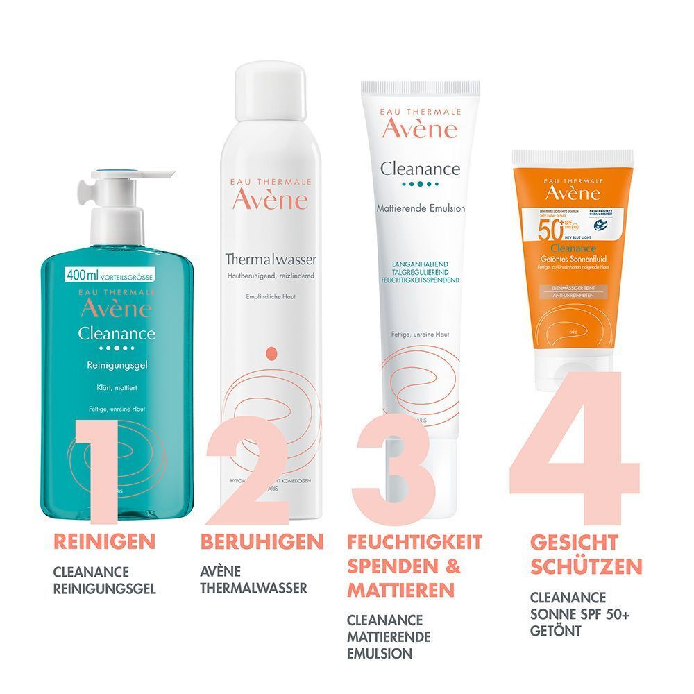 Vier Produkte: Reinigungsgel, Thermalwasser, mattierende Emulsion, Sonnenfluid SPF 50+ getönt. Beschriftung: AVENE, Cleanance.