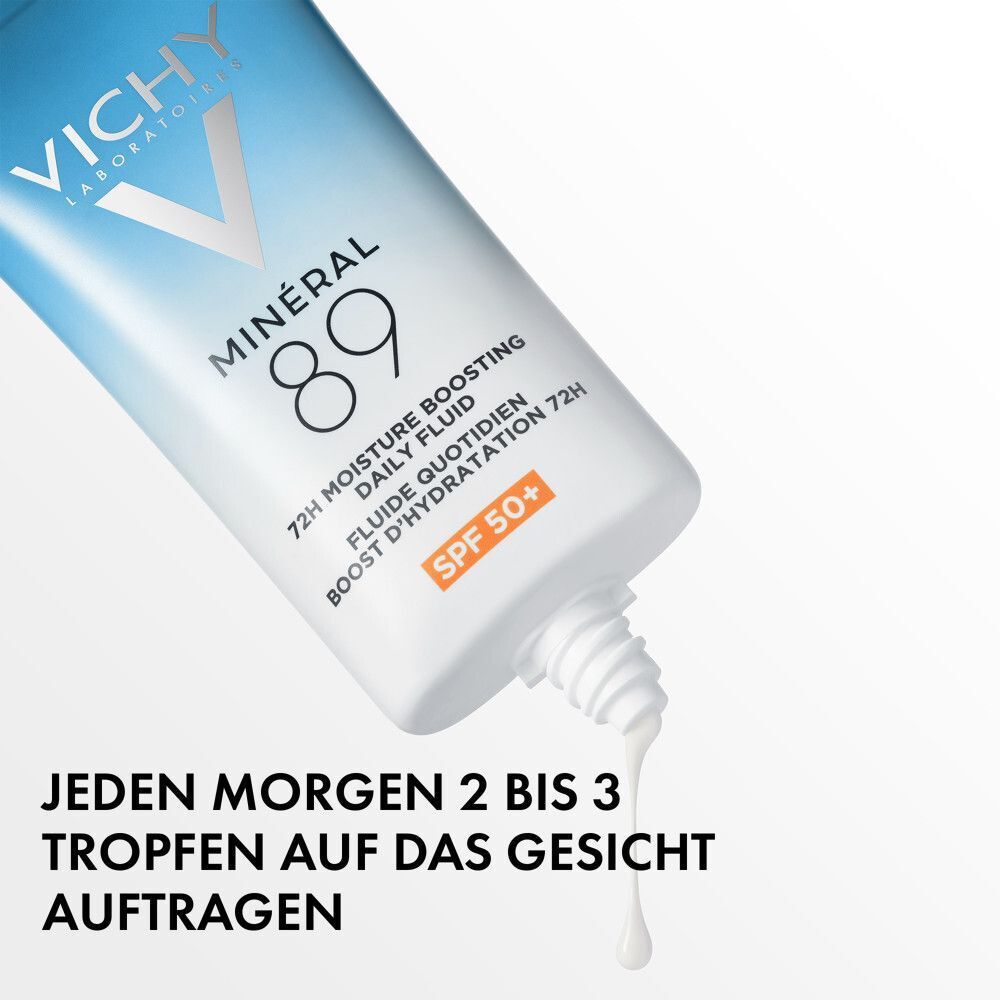Produkt-Tube VICHY MINERAL 89. Text: Täglich 2-3 Tropfen auftragen. Flüssigkeit tropft aus der Tube.