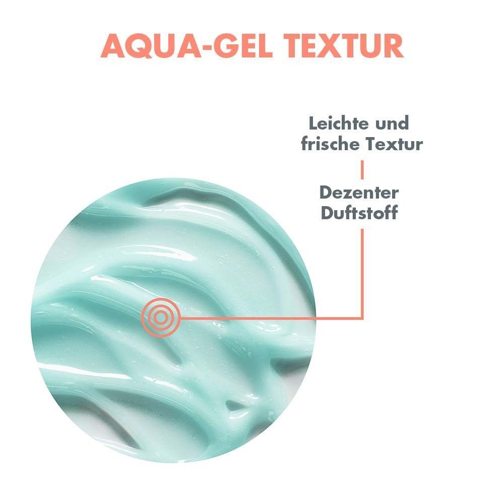 Nahaufnahme von Aqua-Gel Textur. Hellblaues Gel mit welliger Oberfläche. Text: Leichte und frische Textur, dezenter Duftstoff.