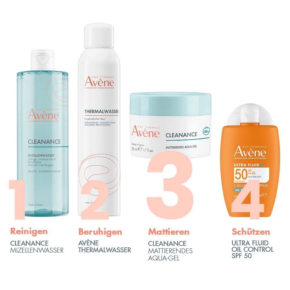 Vier Produkte: Reinigungs-Mizellenwasser, Thermalwasser, Cleanance Aqua-Gel, Ultra Fluid Oil Control SPF 50. Nummerierung 1-4.