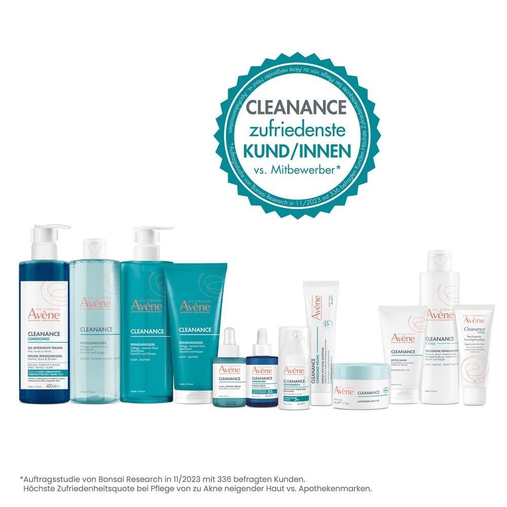 Verschiedene AVENE Produkte. Text: Cleanance zufriedenste Kund/innen vs. Mitbewerber. Apothekenmarken.