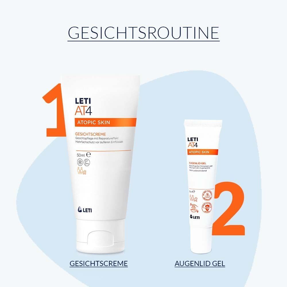 Gesichtsroutine. Zwei Produkte: LETI AT4 Gesichtscreme und LETI AT4 Augenlid Gel. Verpackung und Produktinformationen.