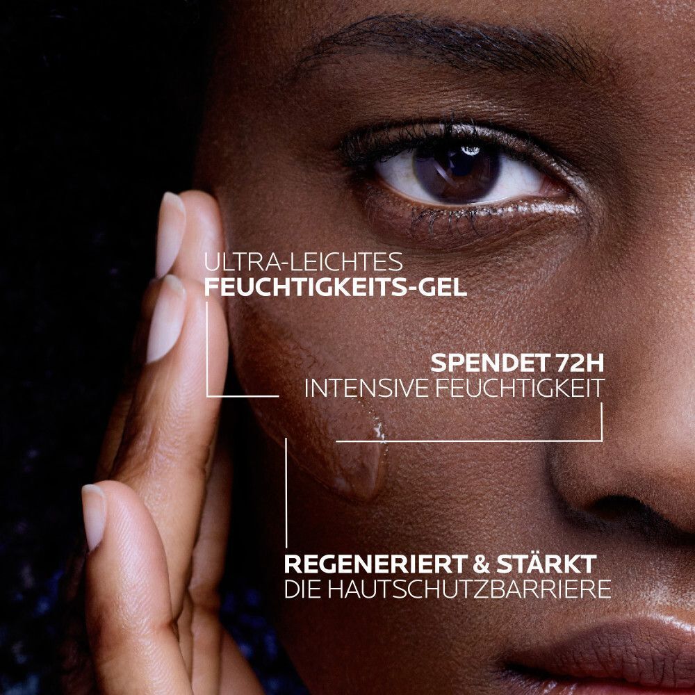Nahaufnahme eines Gesichts. Text: Ultra-leichtes Feuchtigkeits-Gel, spendet 72h intensive Feuchtigkeit, regeneriert & stärkt.